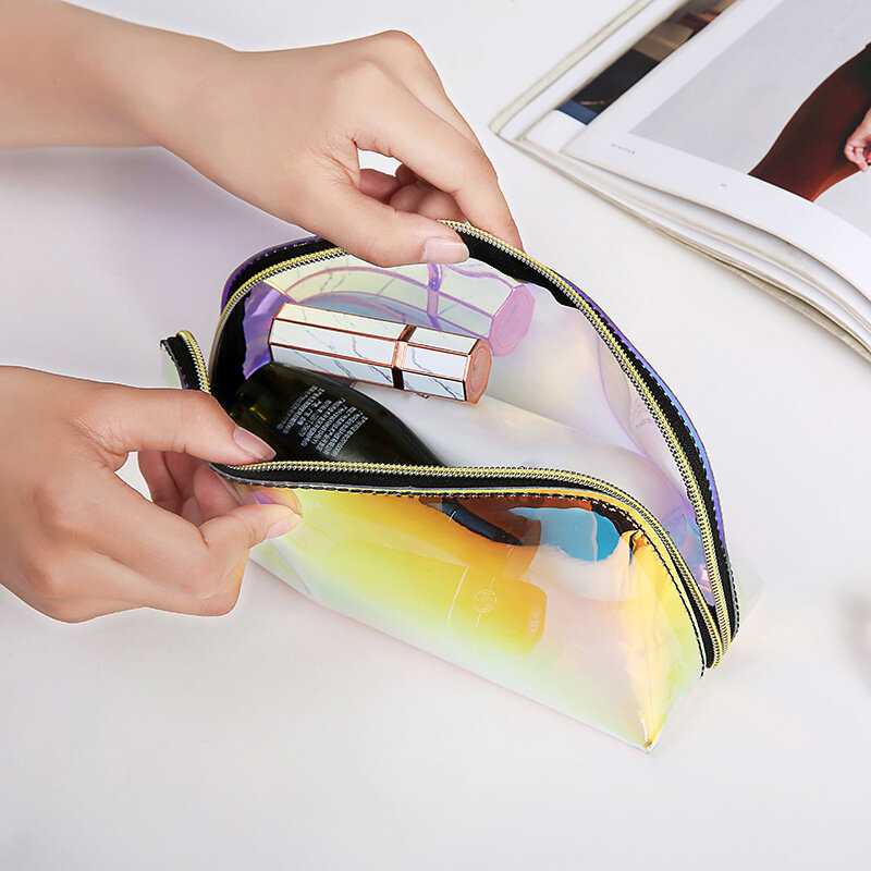Trousse de maquillage holographique, pochette transparente de grande capacité pour produits cosmétiques