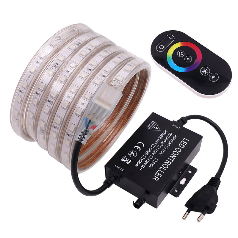 Bande lumineuse LED RGB 220V SMD5050, ruban d'éclairage Flexible, 60/120 diodes/M, étanche, Double rangée, avec télécommande EU/AU/UK