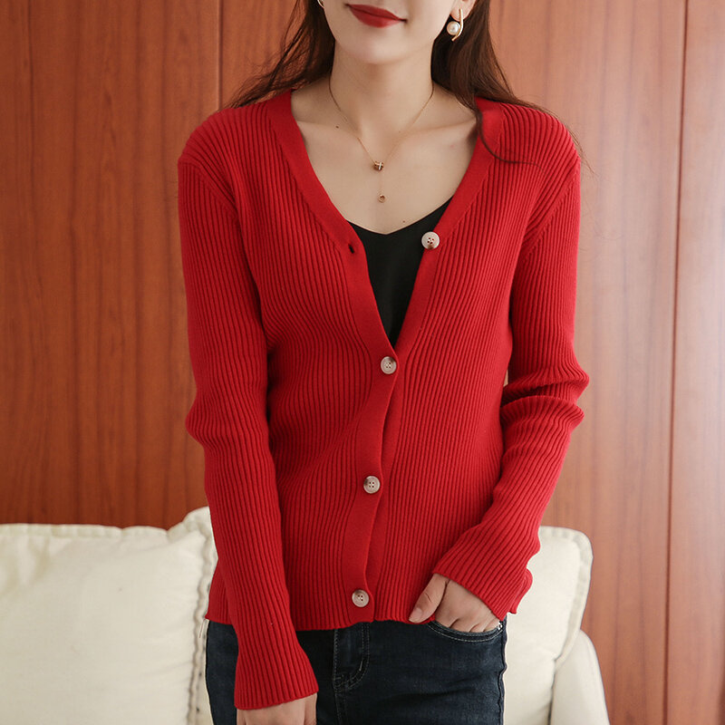 Suéter Cárdigan para mujer, chaqueta de manga larga con cuello en V, moda que combina con todo, versión coreana