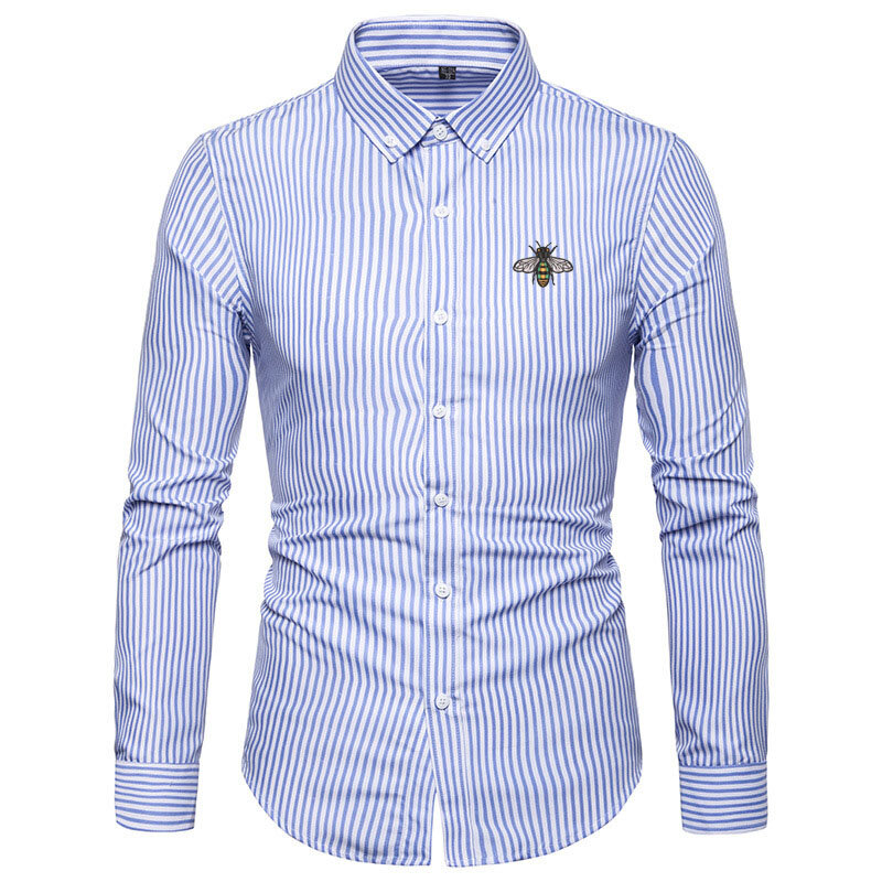 Mens Classic Double G Bee Embroidery Shirts Standard-fit Button Up Blouse Tops Covered Business Standard-fit Long Sleeve Shirts