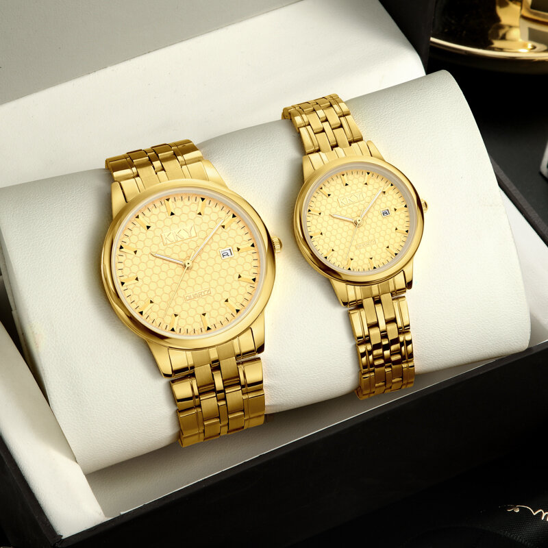 Kky relógio de pulso masculino/feminino, relógio dourado de luxo à prova d'água para casal, relógio de pulso casual e estiloso para amantes, 2021