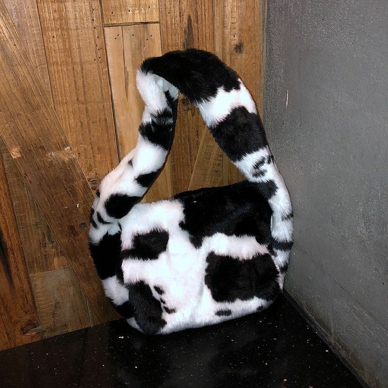 แฟชั่นSoft Plushดอกไม้กระเป๋าถือสตรีDesigner ZebraรูปแบบวัวFaux Furกระเป๋าสะพายกระเป๋าพิมพ์สัตว์กระเป๋าสตาง...