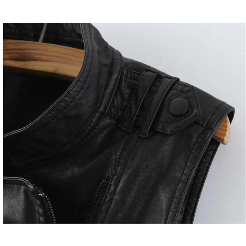 Chaleco de cuero negro de talla grande 3XL para mujer, chaqueta de cuero de motocicleta con cremallera fresca, combina con todo, f558
