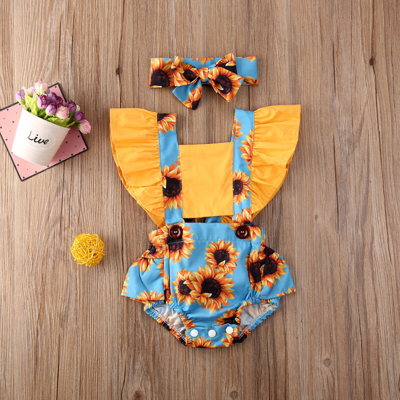 Aa 2020 bebê menina bodysuit girassol babado macacão 2 peças roupas para recém-nascidos roupas de verão