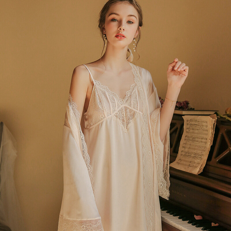 Mulheres verão roupão de seda gelo noiva vestido de manhã sexy sling nightdress rosa manga comprida conjuntos de roupão de casamento 2 peça conjuntos de pijama