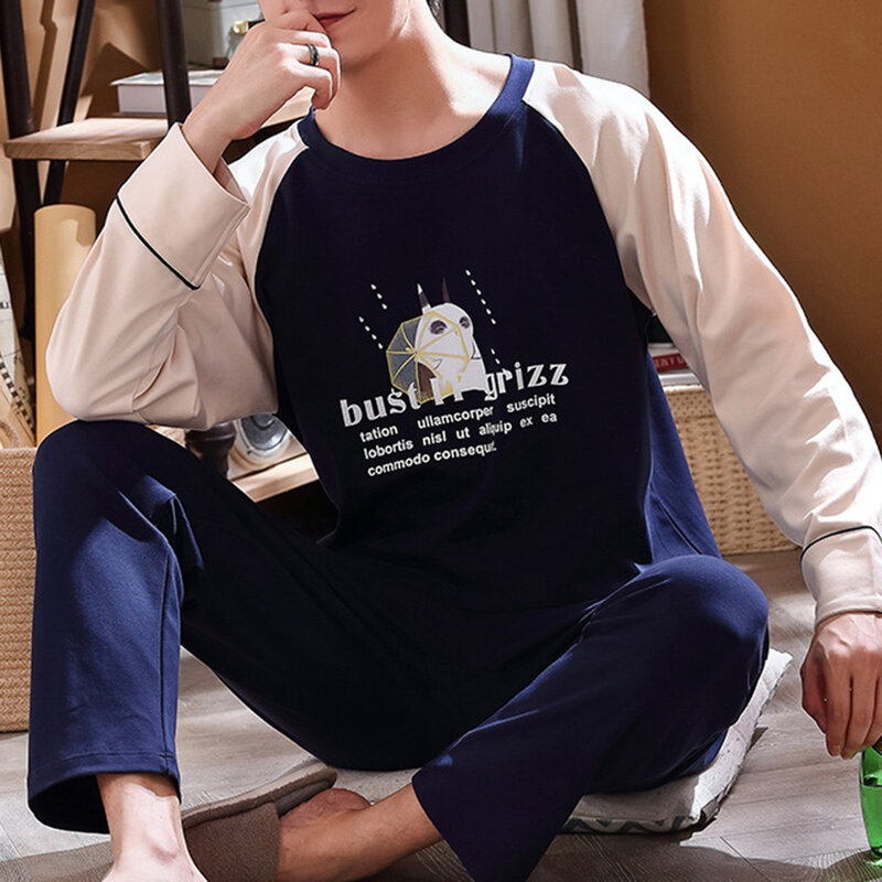 Conjunto de pijamas de manga longa de algodão masculino, roupas casuais de dormir com desenho animado para homens primavera outono 2021