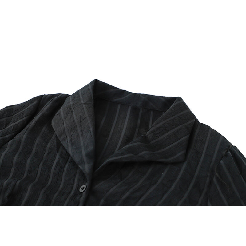 Cienka czarna koszula w paski damski wiosenny i jesienny nowy nieregularna długość Design sens osobowość rękawy liść lotosu bluzka kobieta