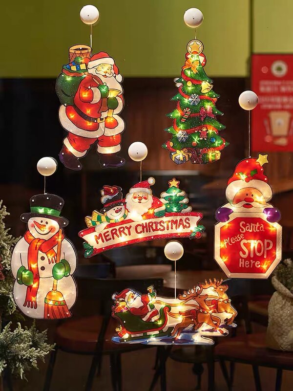 أضواء معلقة لنافذة عيد الميلاد على شكل بابا نويل ، زجاج للشفط ، جو زخرفي وإضاءة احتفالية