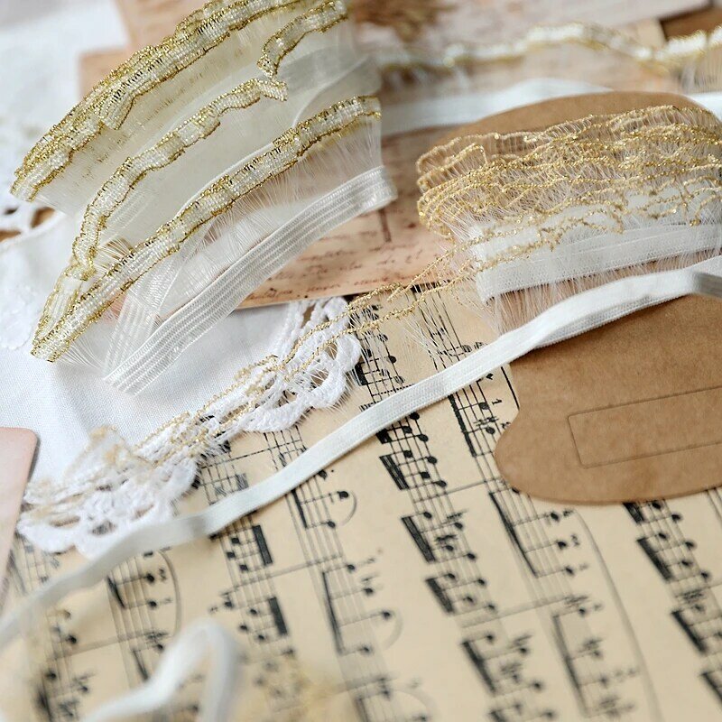 Laço elástico plissado de 2.5cm, laço dourado e branco, para decoração e costura, moda artesanal, denteqz46
