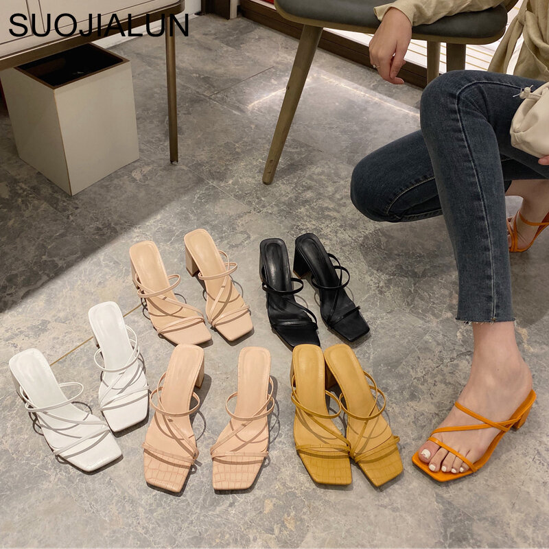 Suojialun mulheres verão ao ar livre sandália salto alto quadrado flip flop senhoras marca feminino chinelo elegante slides sapatos