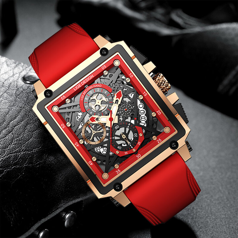 2022 LIGE Men's Sports Chronograph Wrist Watch For Men Army Silicone strap Square Quartz Stop Watch Clock Man Relogios Masculino