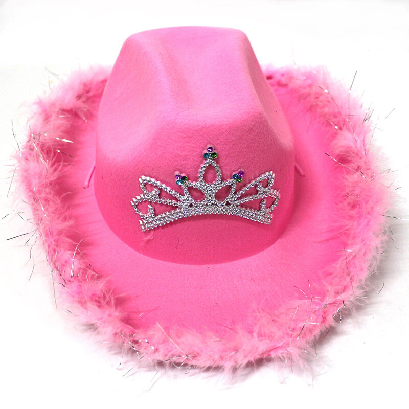 Sombrero vaquero rosado de estilo occidental para mujer, gorros de fiesta de ala ancha forrada con decoración de lentejuelas, corona, Tiara, sombrero de vaquera