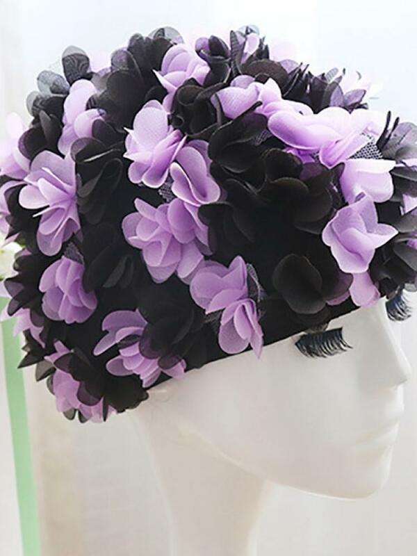 숙녀 새로운 패션 긴 머리 수영 모자 3 차원 꽃잎 탄성 편안한 통기성 나일론 머리띠 색상을 늘어서있다