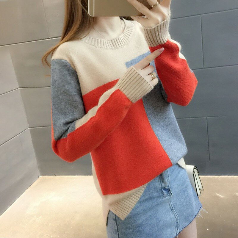 2020 Autumn Winter Korean style Contrast Color Sweater Women Long Sleeve Jumper Sweater And Pullover Knitted Sweater pull femme