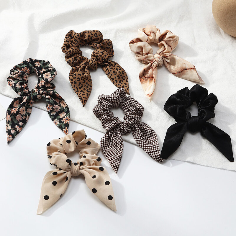 New Arrival Women Small Bow Hair Tie Vintage Brown Knot Hair Scrunchies Floral Leopard Print Elastic Head Band Ponytail Holder