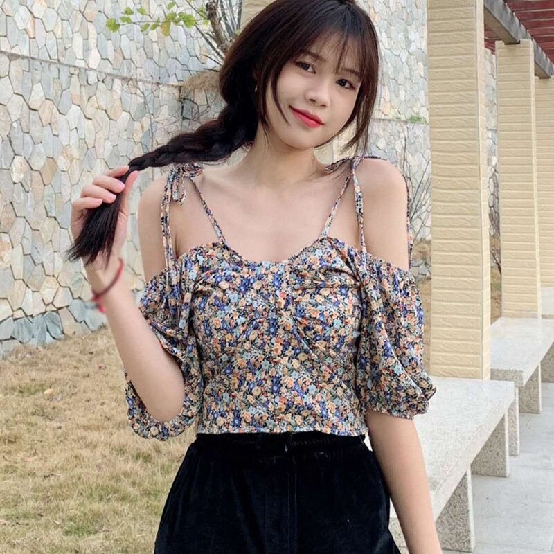 Moda coreana feminina doce floral impressão chiffon blusa sexy fora do ombro manga curta blusas camisas