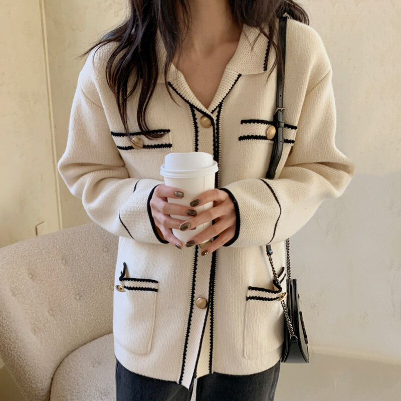 Coreano de malha casaco feminino chique outono francês lapela contraste cor ligado metal solto bolso manga longa cardigan