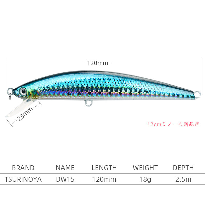 TSURINOYA – leurre méné flottant rigide DW15, appât artificiel idéal pour la pêche en mer, au brochet ou au bar, profondeur de 120m, 2.5mm, 18g