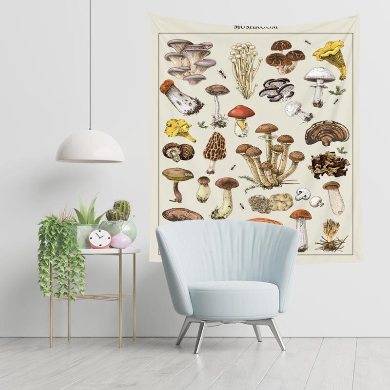 Cogumelo tapeçaria boho parede tapestri mycology champignon identificação diagrama ilustração kawaii estética decoração da parede do quarto
