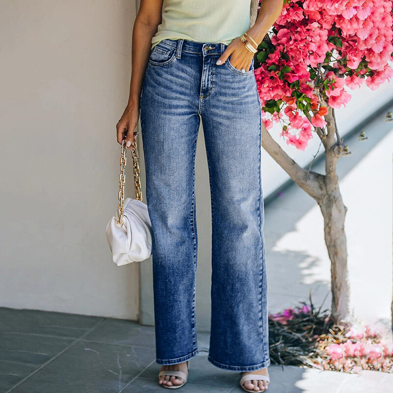 DIFIUPAI Jeans Hitam/Biru Wanita Streetwear Pinggang Sedang dengan Celana Panjang Denim Kaki Lebar Nyaman Longgar Yang Diputihkan Celana Panjang Anak Perempuan Kasual