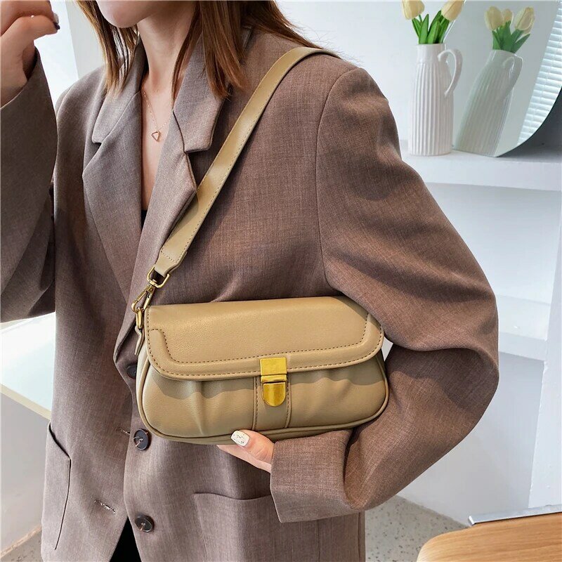 Sac à main en cuir PU plissé pour femmes, sacoche de luxe aux couleurs unies, sac à bandoulière de voyage pour dames, nouvelle collection 2021
