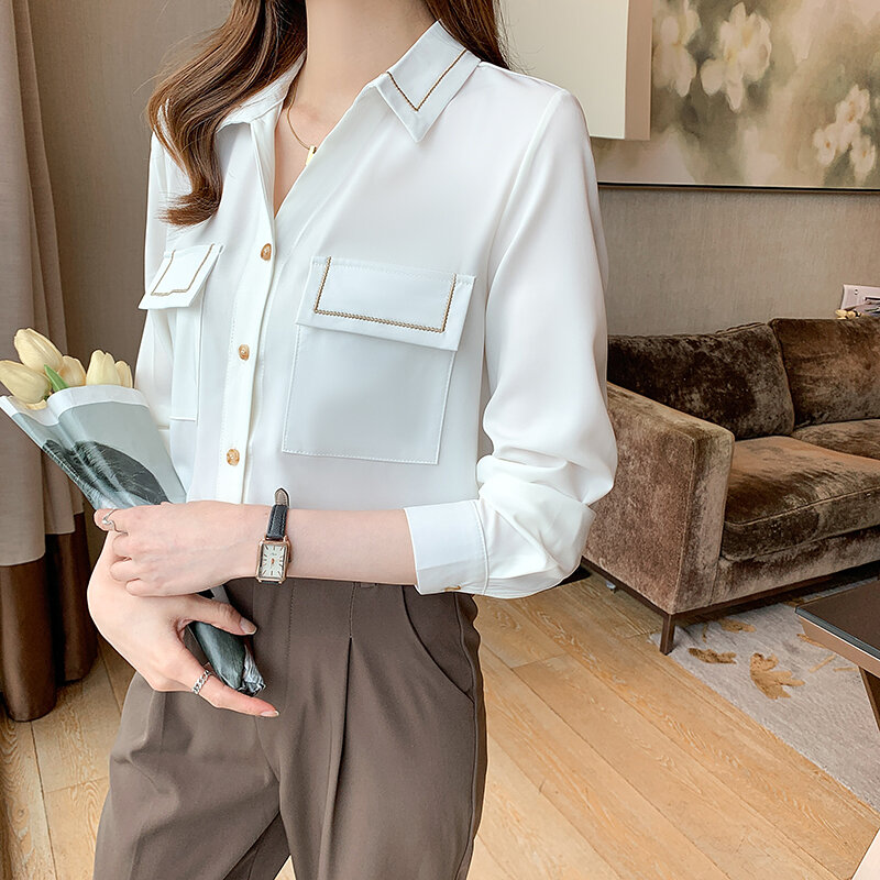 Moda coreana chiffon mulher camisas bolsos branco senhora do escritório botão até camisa de manga longa das senhoras do vintage topos de mujer