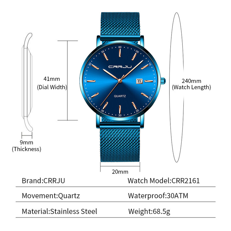 Crrju masculino relógio de pulso da marca de luxo relógio de pulso masculino moda casual ultra-fino minimalista relógio de quartzo data relógio de relogio masculino
