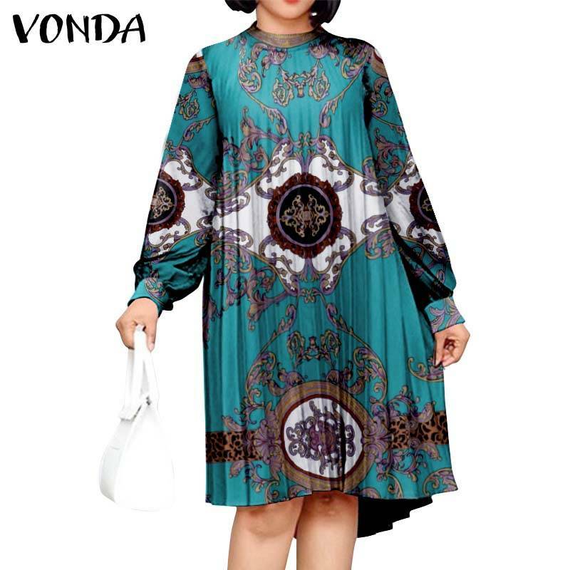 Plus ขนาดผู้หญิงชุด VONDA สบายๆแขนยาว Vestidos Vintage พิมพ์เข่าความยาวเสื้อคลุมสุภาพสตรี O คอ Bohemian vestido