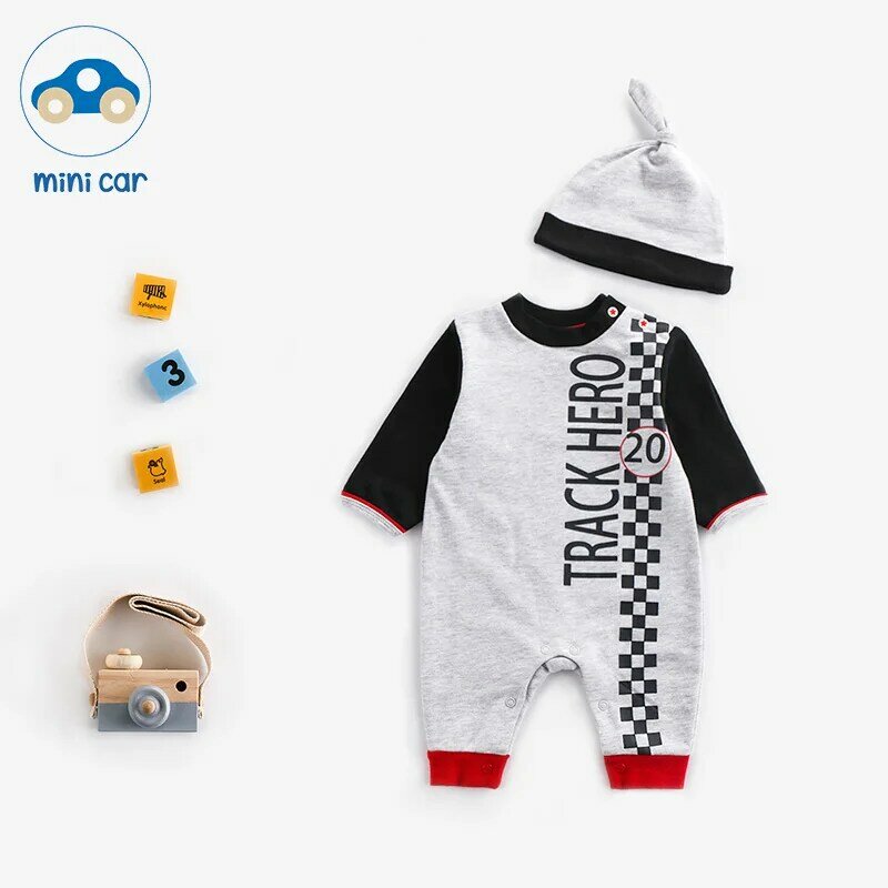 Mini carro 2 pçs bebê longo creeper terno uma peça de ar condicionado do bebê terno menino primavera e outono escalada roupas e chapéu 0-18m