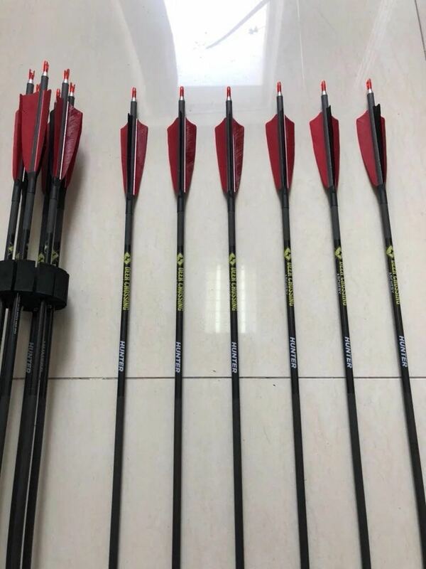 Flechas de carbono puro 6 peças, id6.2mm spine340, 5 polegadas, pena de peru, 75g, pontas compostas, arco tradicional de caça, acessórios