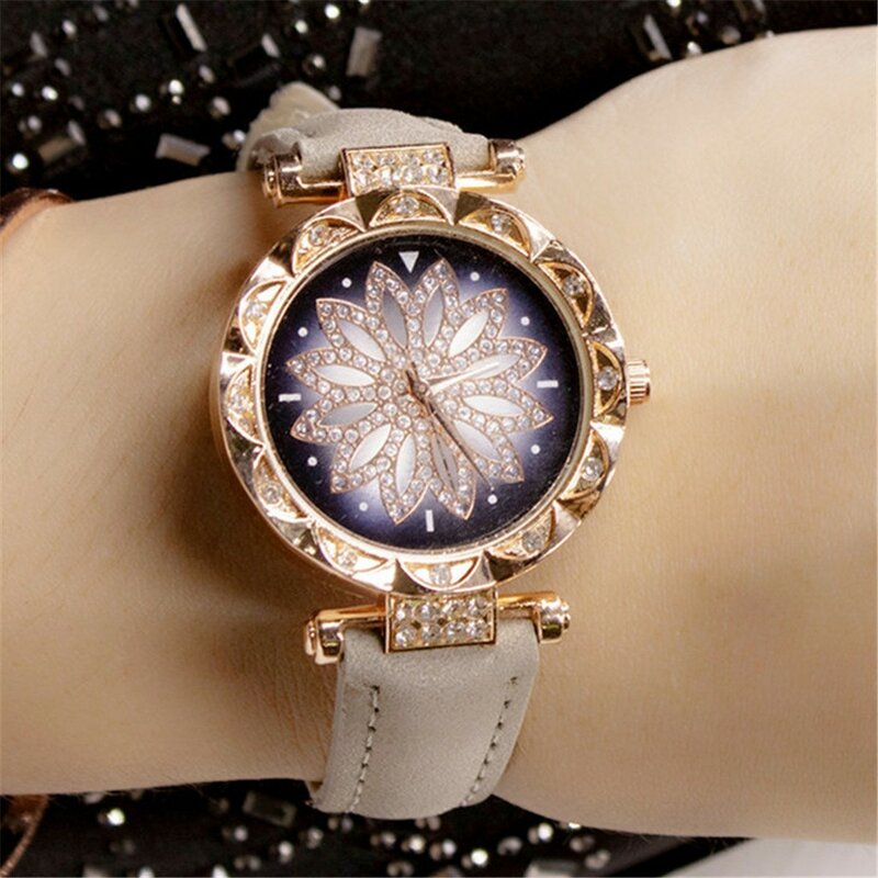 Relógio feminino luxuoso quartz com strass, pulseira de couro do céu estrelado