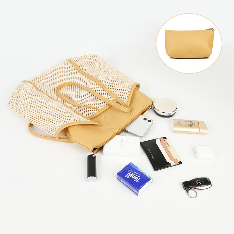 Mabulaわら織トートバッグ女性のための夏の手作り大2 in1ビーチショルダーバッグ革ハンドバッグ財布