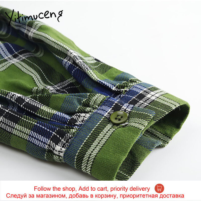 Yitimuceng Vintage Plaid Blouse Button Women Shirts Loose Spring 2021 Fashion Clothes Long Sleeve Turn-down Collar  Casual Tops