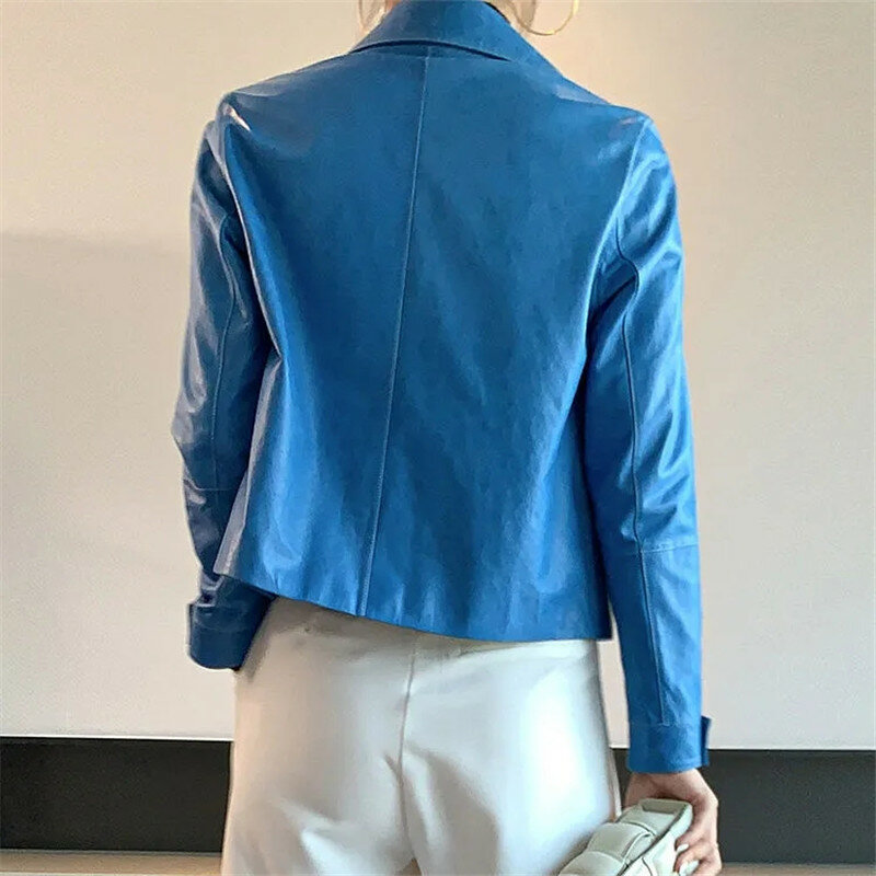 Vintage skórzana kurtka damska 2022 wiosenny i jesienny nowy styl niebieski PU skóra moda Temperament podwójna kieszeń skórzana kurtka topy