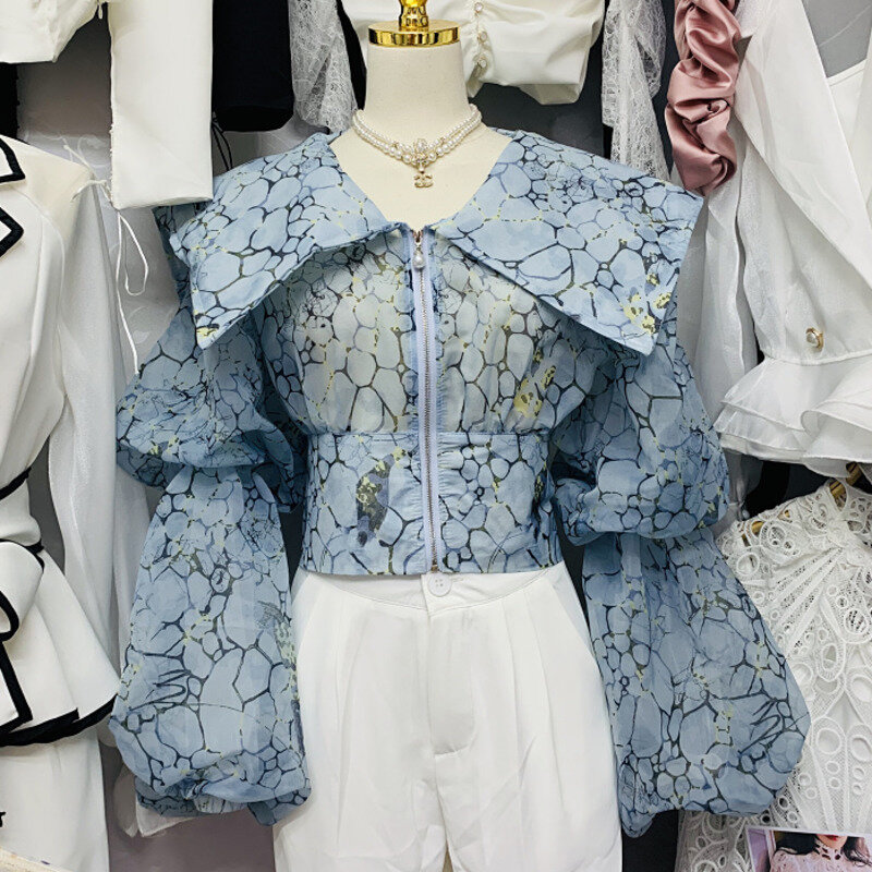 Moda INS styl pałacowy Blusas bluzka Vintage kobiety koszule Crop Top z długim rękawem duża klapy szykowna, jesienna kobiece wzornictwo bluzki