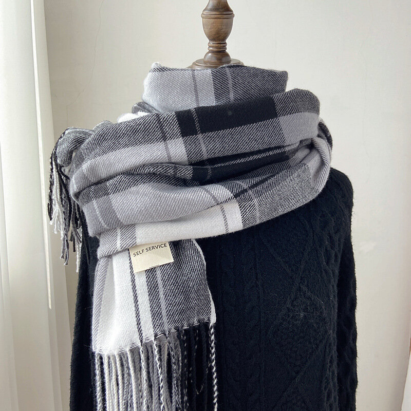 Inverno grosso quente cachecol design xadrez impressão feminina cashmere pashmina xale lady wrap tassel lenços de malha homem foulard cobertor