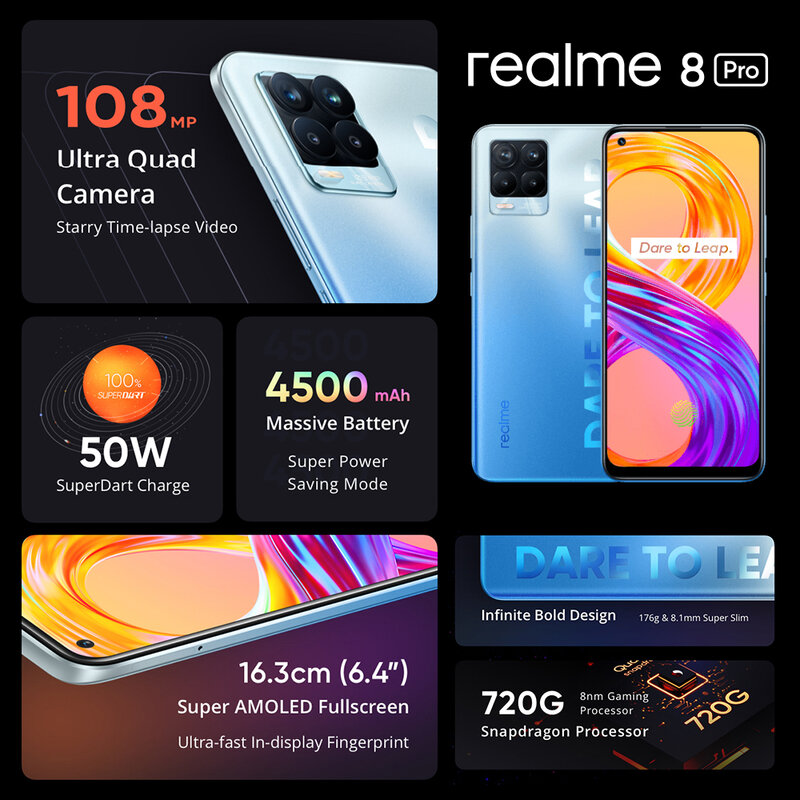 Realme 8 Pro 6/128GB รุ่น RU 108MP กล้อง Snapdragon 720G โทรศัพท์มือถือ6.4 'ในการแสดงผล AMOLED 50W Super Dart 4500MAh แบตเตอรี่