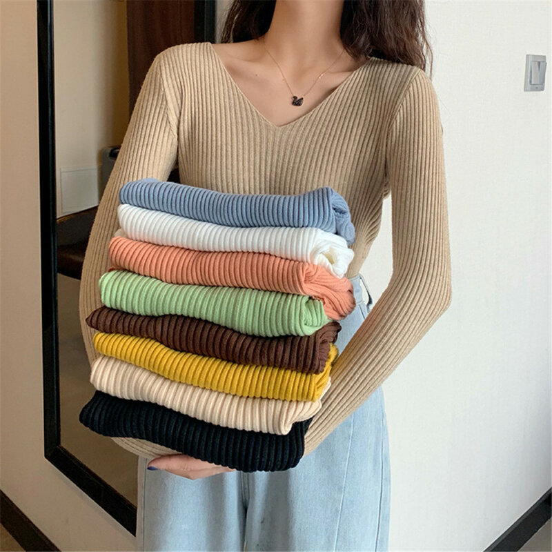 2021 Basic scollo a v solido autunno inverno Pullover donna maglione a costine lavorato a maglia femminile maglione sottile manica lunga di alta qualità