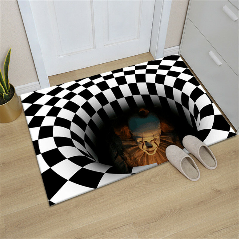3D Printing Clown Pattern Carpet Black and White Trap Carpet Living Room Bedroom Coffee Table Carpet Halloween Home Decoration