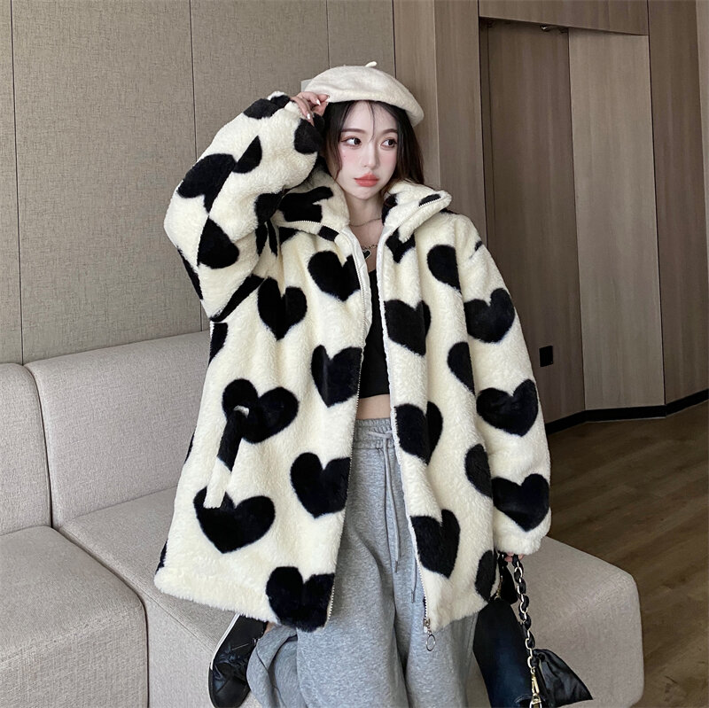 Parkas moda feminina nova algodão-acolchoado cardigan solto amor imitação lambswool mais veludo acolchoado algodão casaco feminino 843i