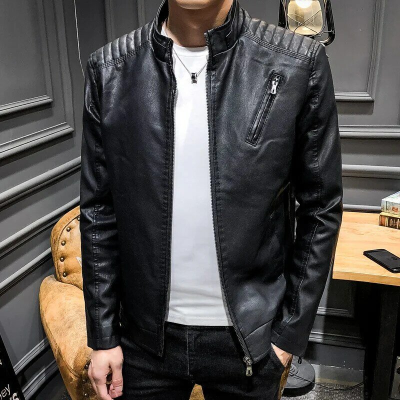 Man Leather Clothing Autumn Self-cultivation Locomotive Leather Clothing Ephebe Concise Handsome Leisure Time Loose Coat