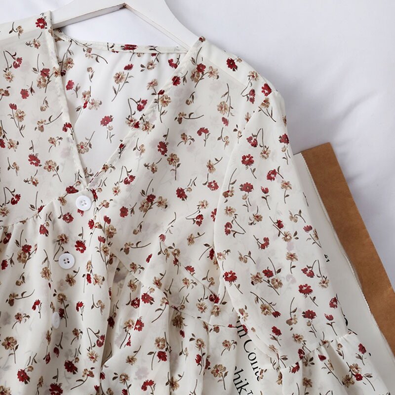 Blusa de chifón con estampado Floral para mujer, camisa de manga larga con escote en V, fresca y pequeña