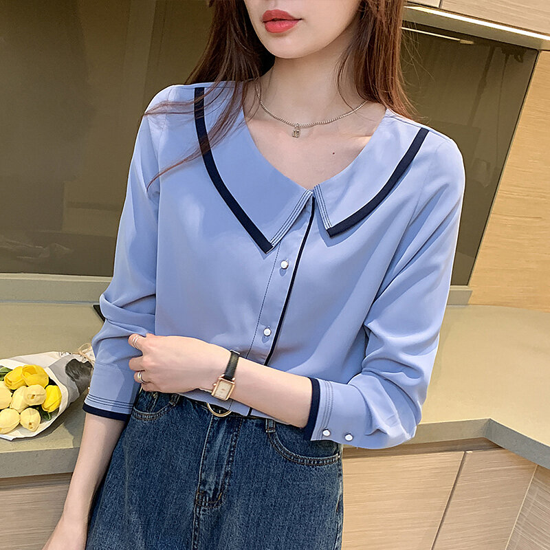 Blusas coreanas de manga larga para mujer, camisas de gasa para mujer, Top básico de talla grande, camisa informal azul con cuello en V XXL