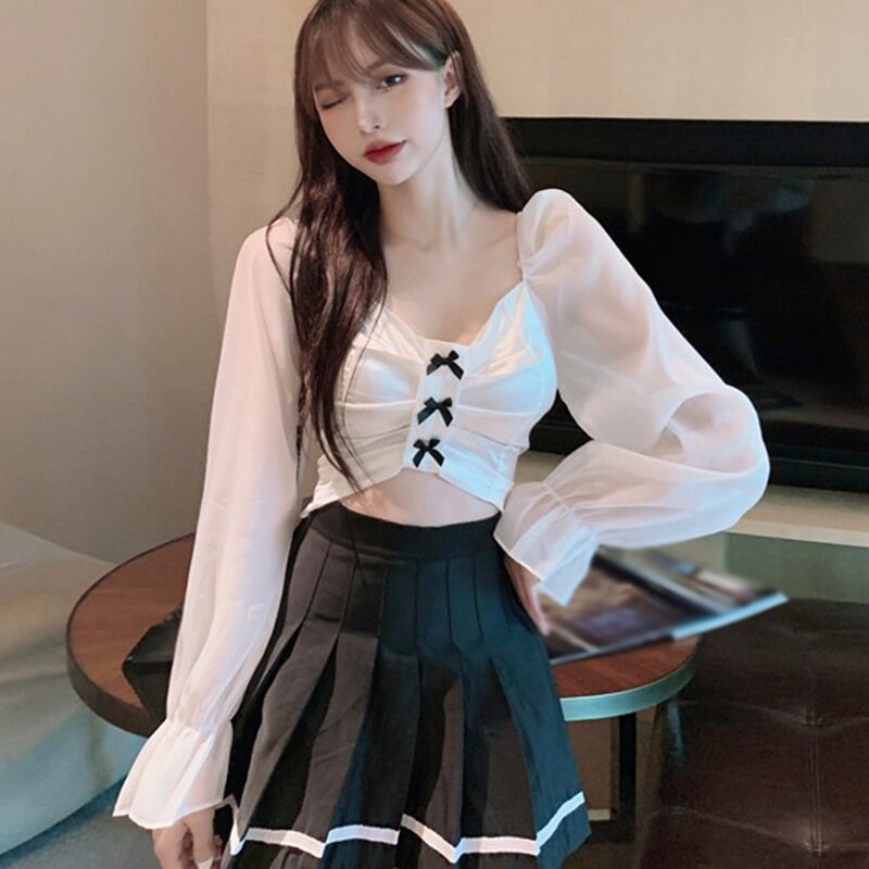 Moda coreana feminina sexy decote em v blusa exposta umbigo curto blusas femininas camisa de manga longa topos