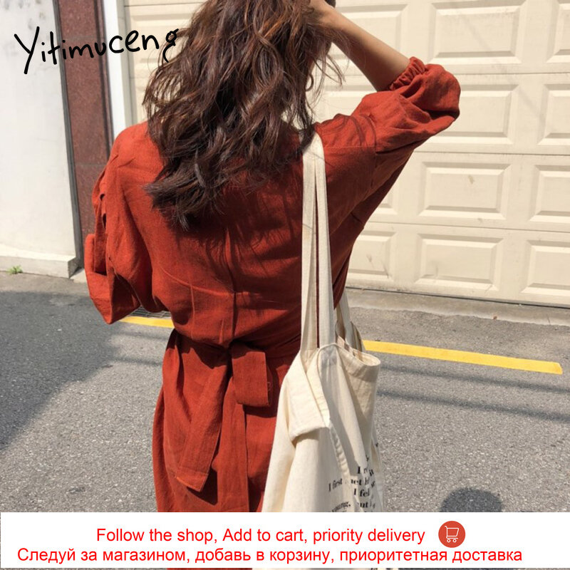 Yitimuceng ميدي فستان المرأة الصيف ضمادة انقسام شوكة ثوب أنيق نفخة الأكمام عالية الخصر المشمش الأحمر 2021 الكورية موضة جديدة