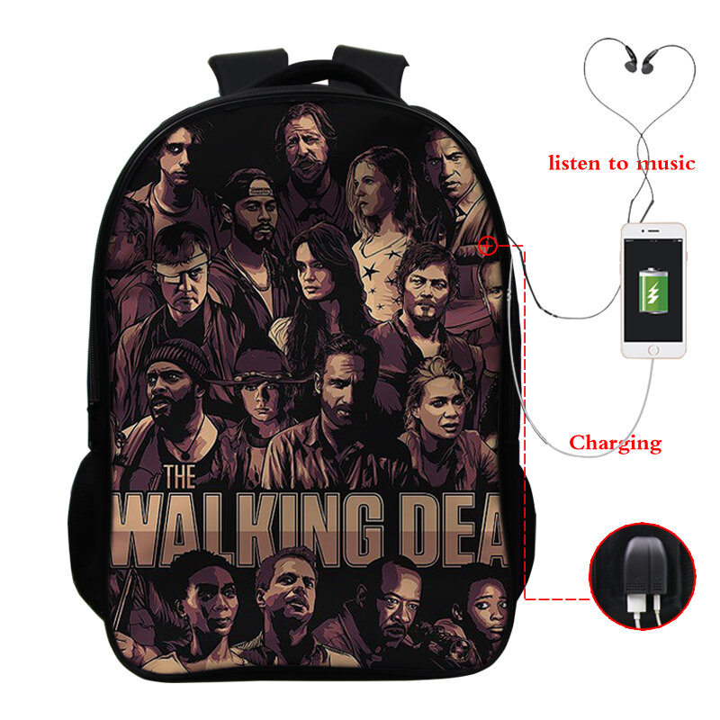 16 Inch Backpack Walking Dead School Bags Children Custom Design Bagpack Back To School Kit USB Charging Travel Knapsack Bag