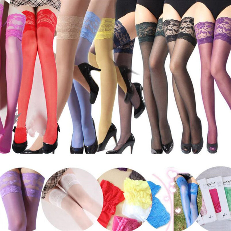 LJCUIYAO-medias altas de encaje para Mujer, Top Sexy antideslizante hasta el muslo, medias de discoteca, colores caramelo, talla libre