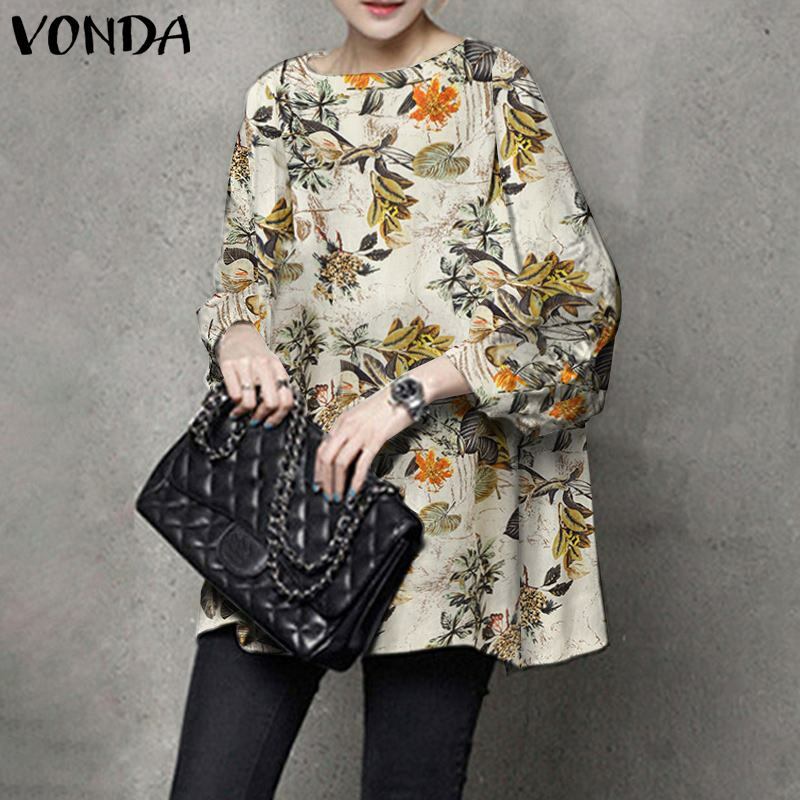 VONDA-Blusa informal de algodón con manga 2021 para mujer, camisa elegante con cuello redondo, Estilo Vintage, para oficina, 3/4