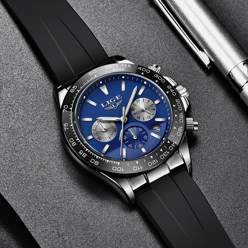 Lige marca de luxo relógio masculino casual quartzo cronógrafo grande dial relógio de pulso banda silicone esporte à prova dwaterproof água relogio masculin