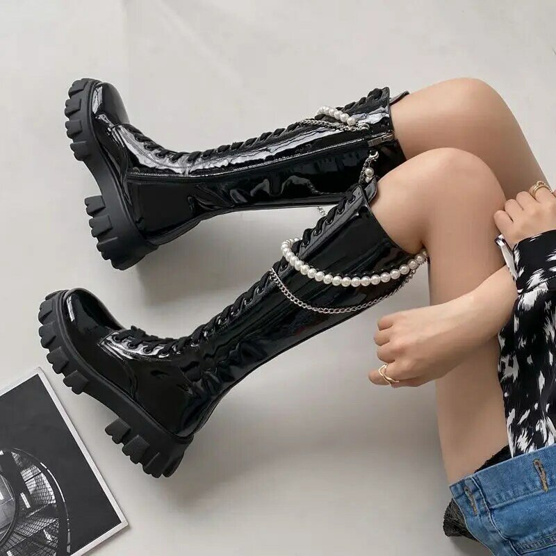 Autumn and Winter New Round Toe Thick Heel Waterproof Platform High Boots Female Side Zipper Pearl Metal Chain Knee-length Boots
